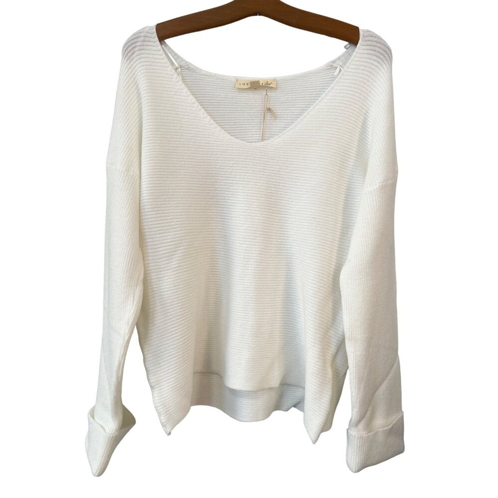 Love Stitch Deep V Neck Sweater Small Ivory Long Sleeve Cozy Knit NEW